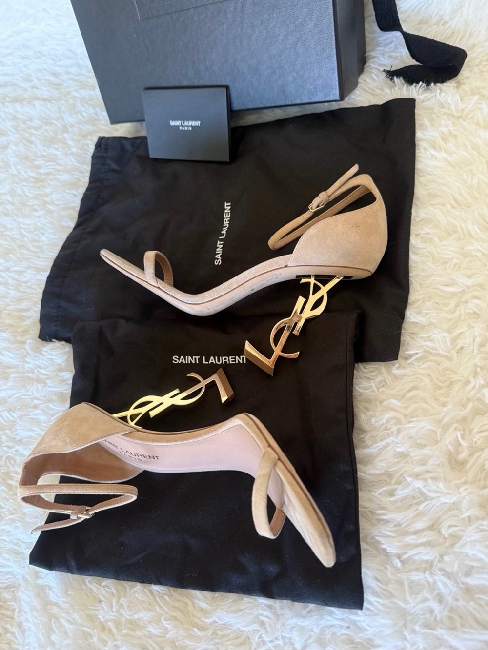 Saint Laurent Nude Suede YSL Logo Heel Sandals - Picture 9 of 10